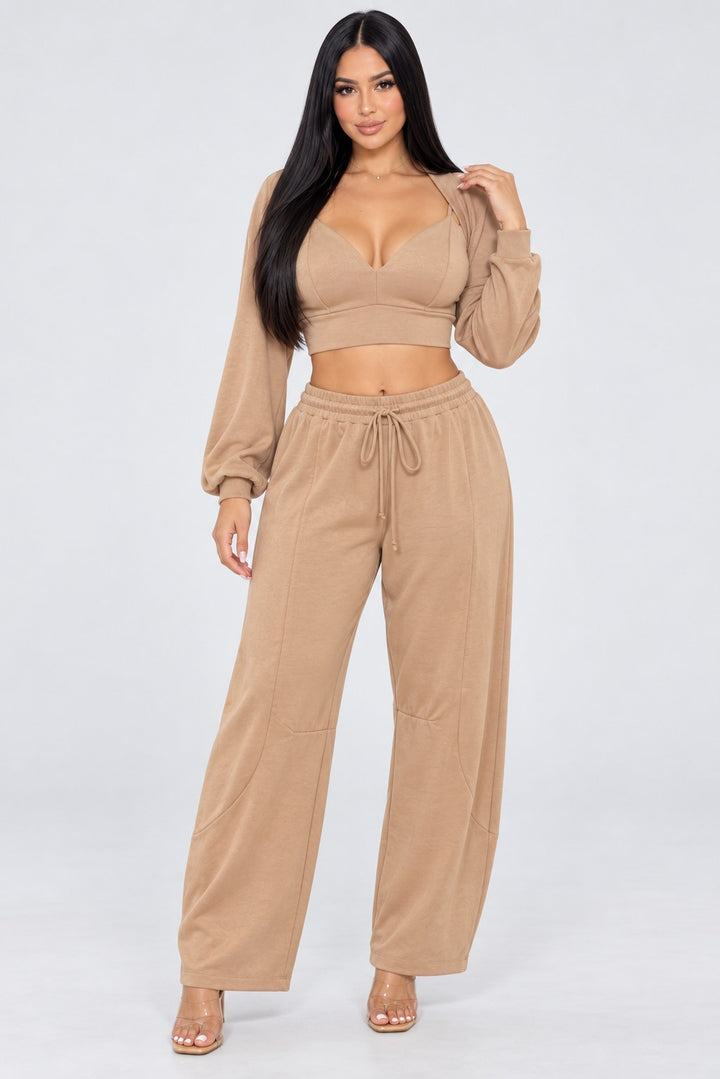 Open Front Cardigan Inside Tank Crop Top And Pants 3 Pcs Set