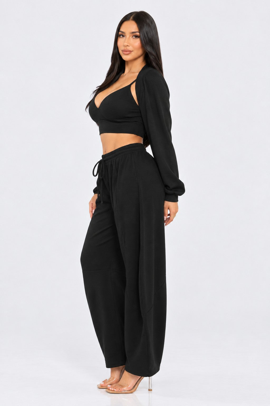 Open Front Cardigan Inside Tank Crop Top And Pants 3 Pcs Set