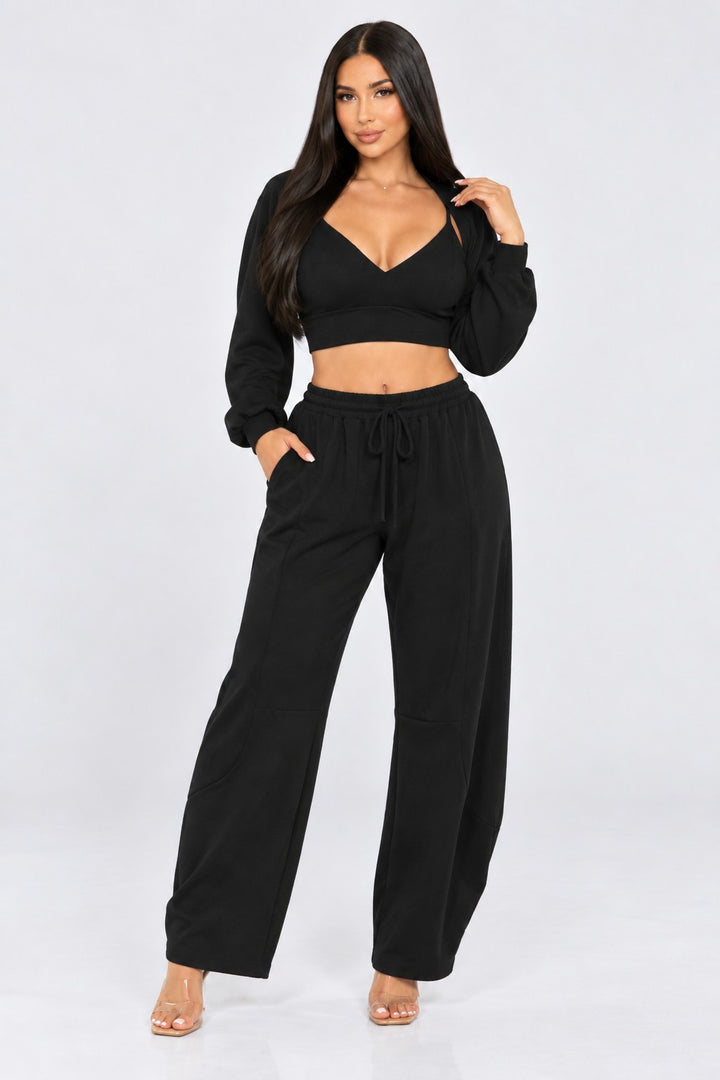 Open Front Cardigan Inside Tank Crop Top And Pants 3 Pcs Set