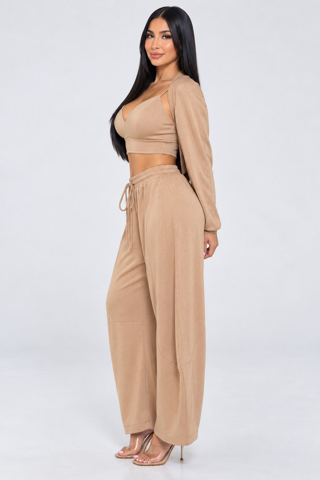 Open Front Cardigan Inside Tank Crop Top And Pants 3 Pcs Set