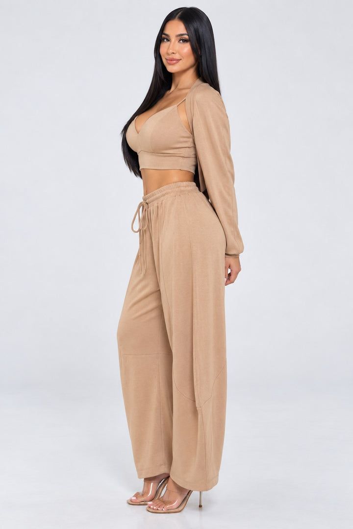 Open Front Cardigan Inside Tank Crop Top And Pants 3 Pcs Set