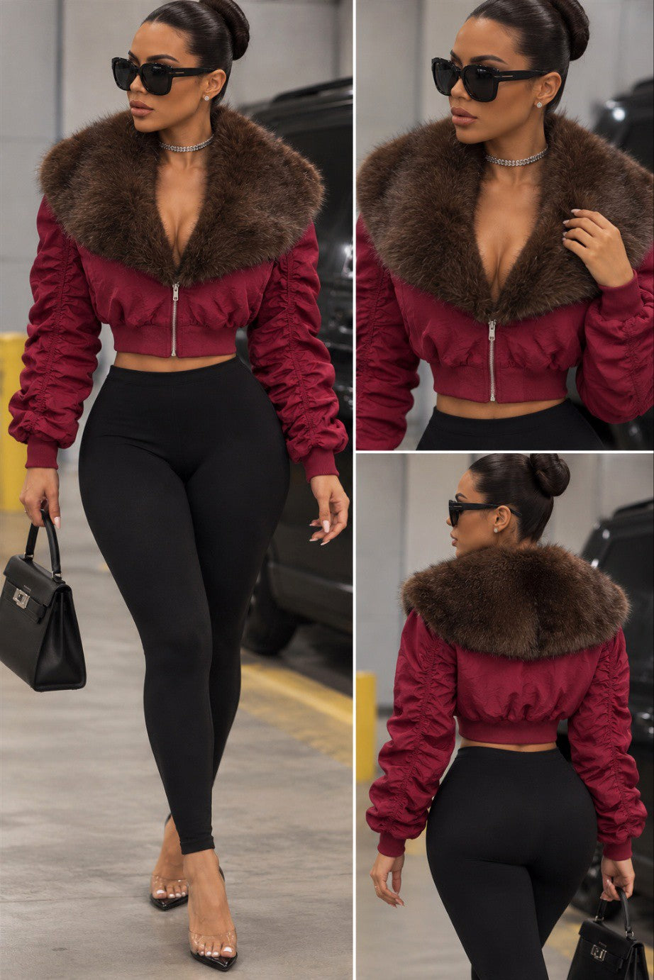 FAUX FUR RUCHED SLEEVE JACKET