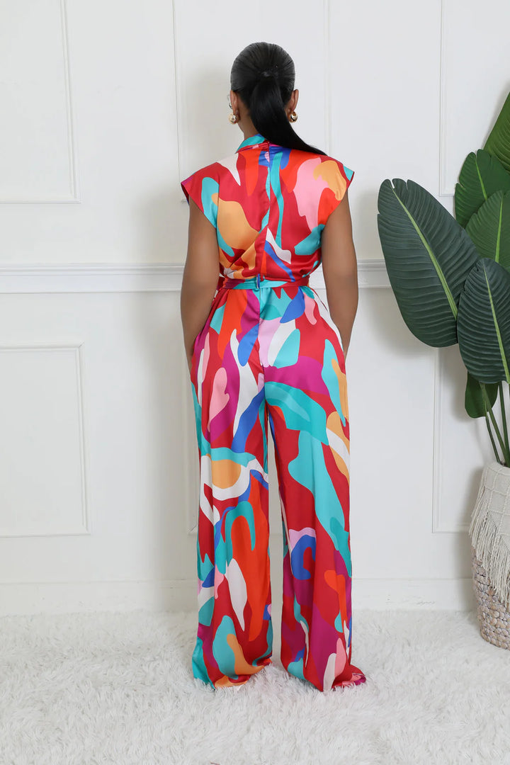 DEEP COLLAR S/L WAIST TIE JUMPSUIT