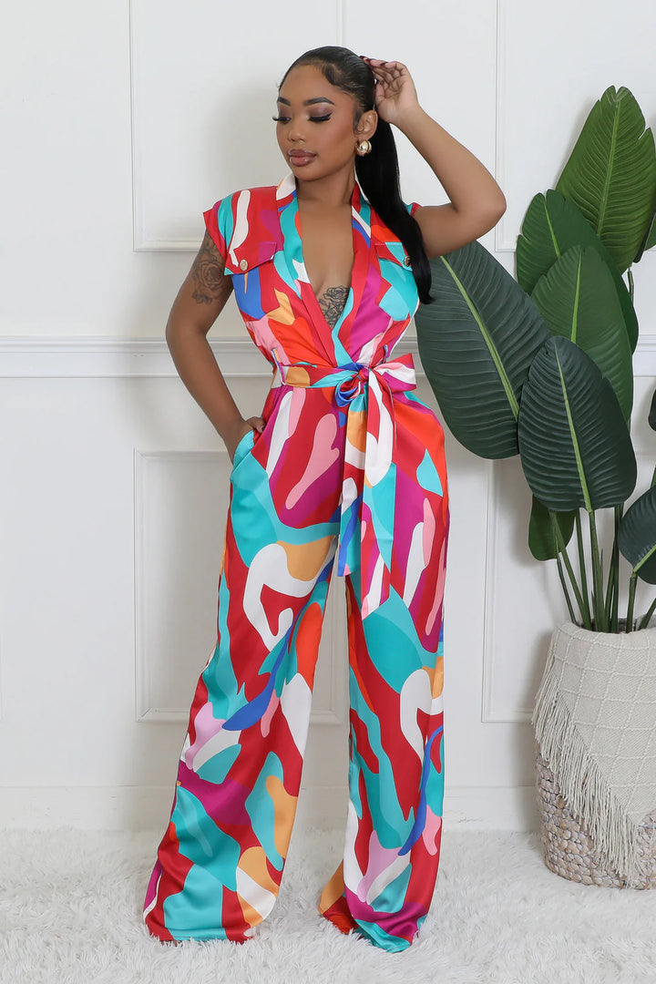 DEEP COLLAR S/L WAIST TIE JUMPSUIT