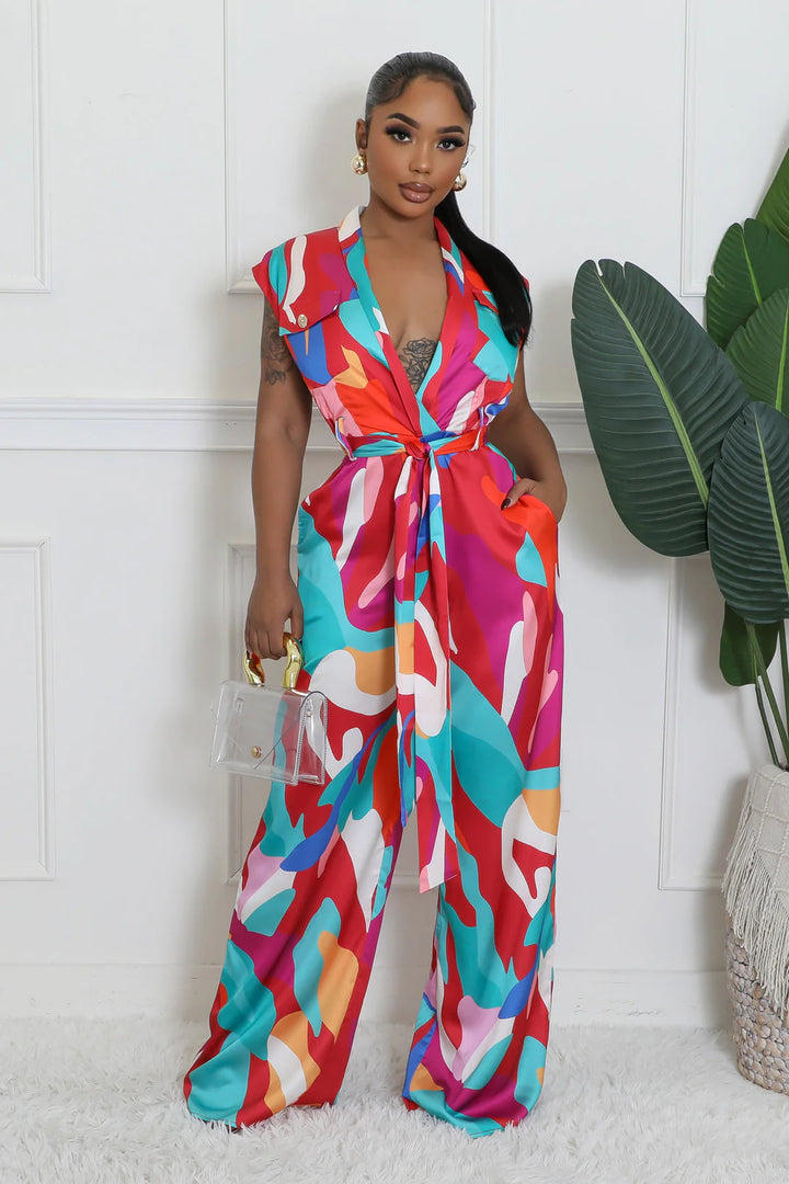 DEEP COLLAR S/L WAIST TIE JUMPSUIT