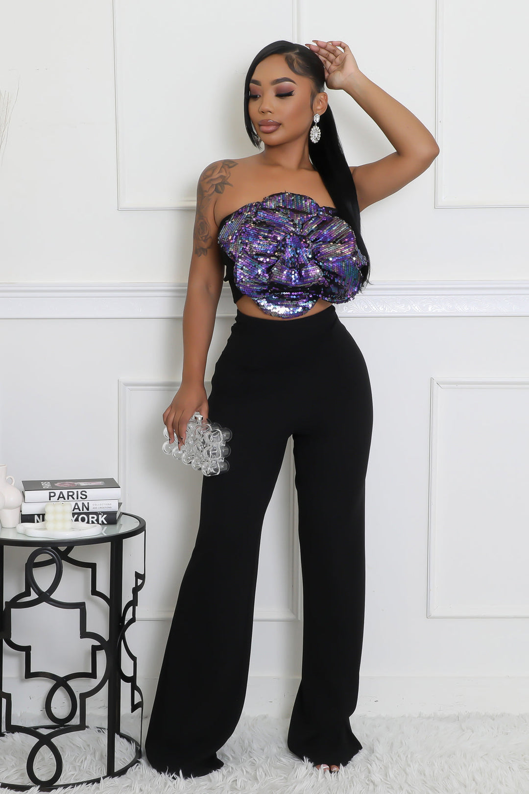 Sequins Floral Tube Top & Pants Set