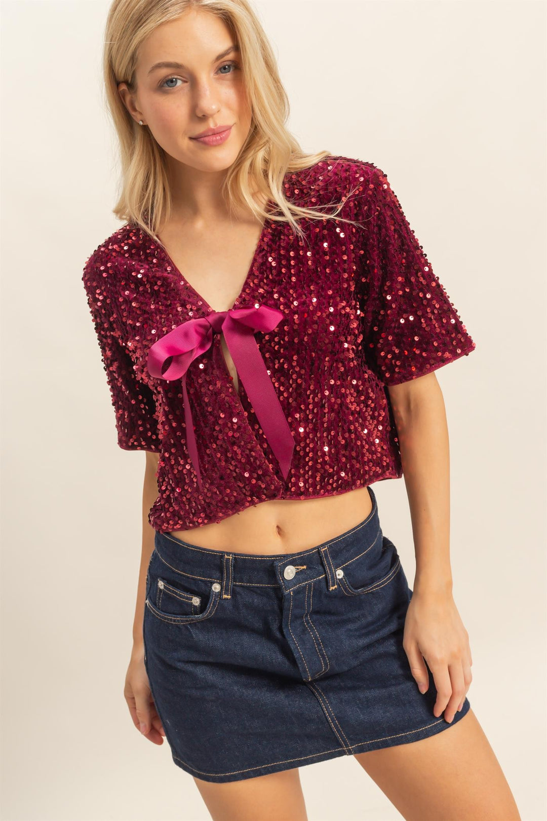 Tie Detail Sequined Crop Top