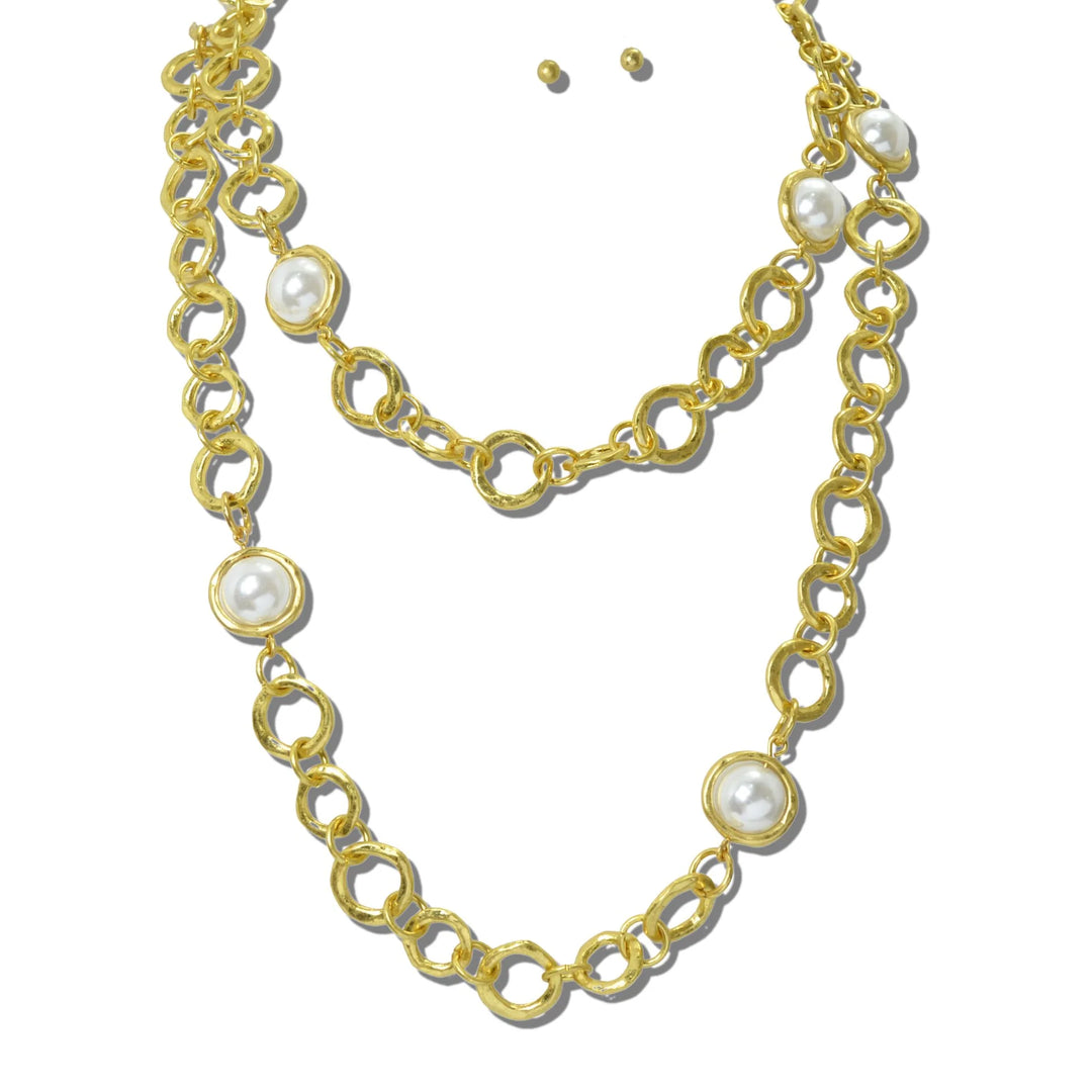 24K GOLD TONE WATER RESISTANT PEARL STATION LONG CHAIN NECKLACE