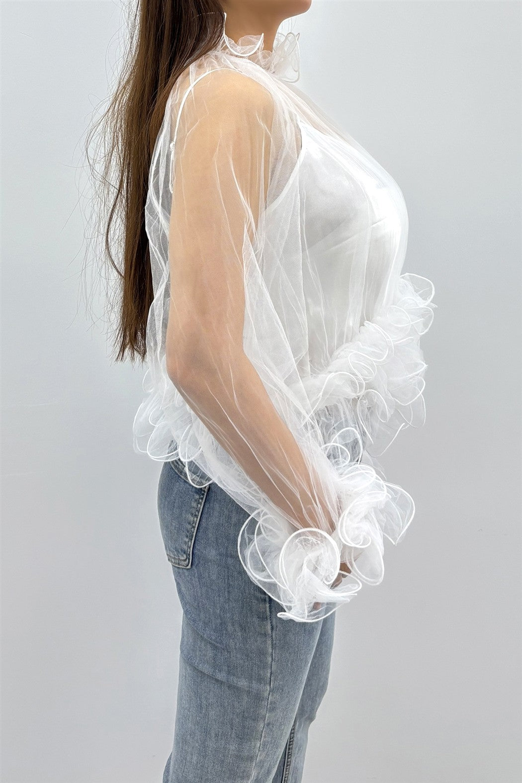 2-pcs Sheer Ruffle Trim Blouse