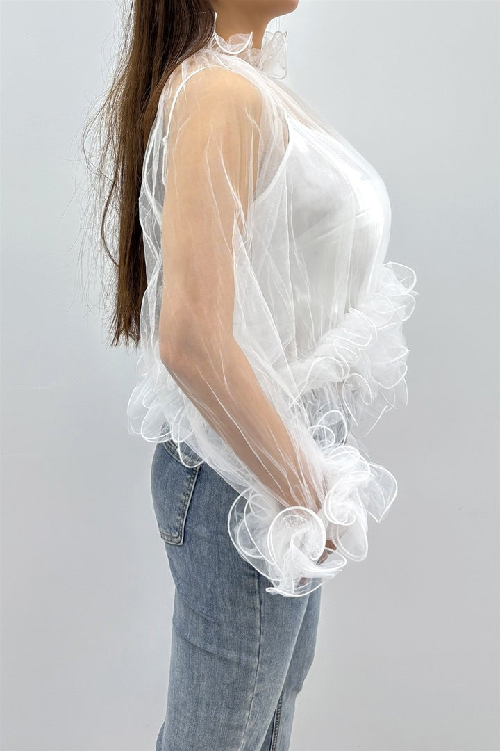 2-pcs Sheer Ruffle Trim Blouse