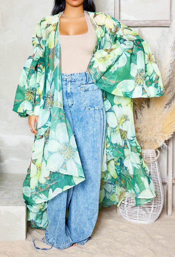Nature Print Sheer Ballon Sleeve Cardigan