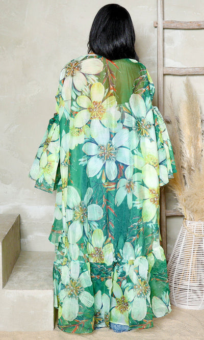 Nature Print Sheer Ballon Sleeve Cardigan