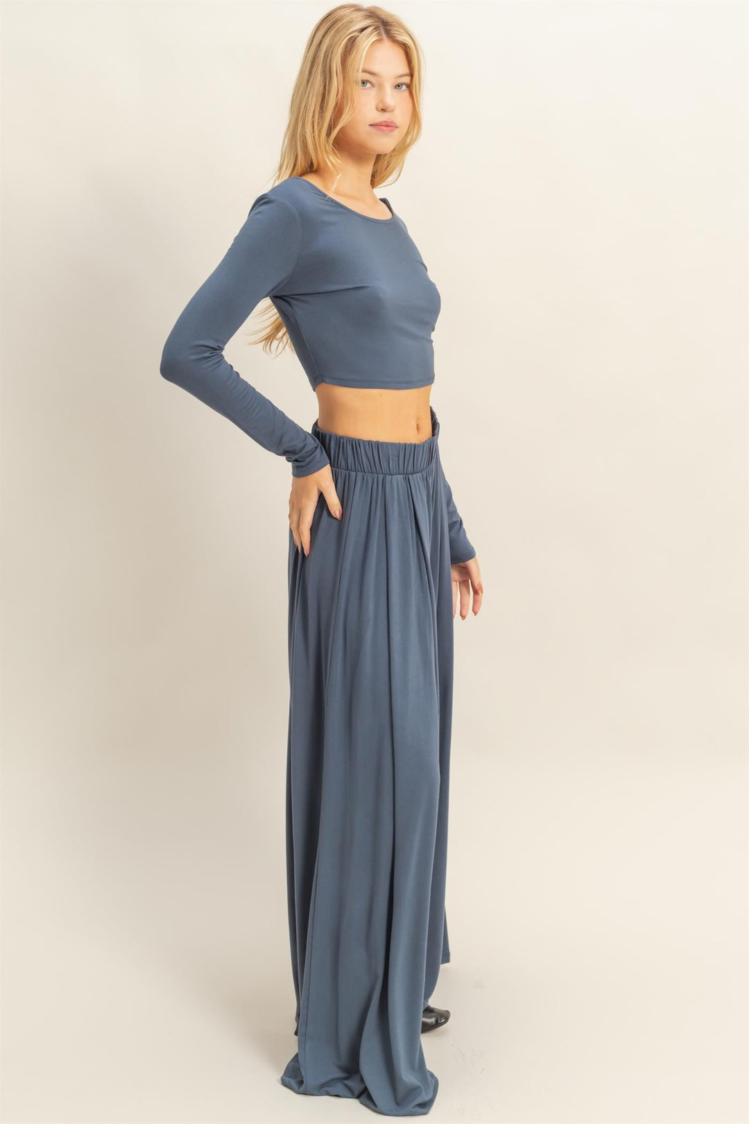 Long-sleeve Crop Top And Maxi Pants Set