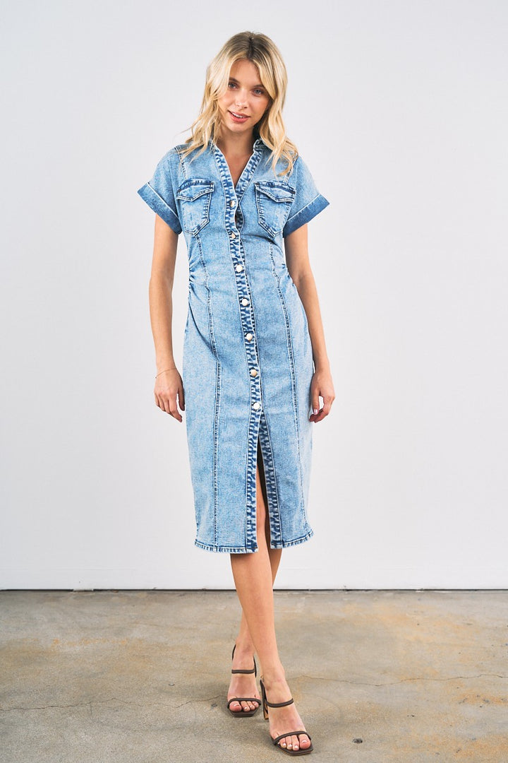 Denim Midi Dress With Collar