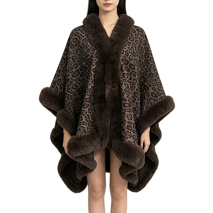 LEOPARD FAUX FUR TRIM WINTER PONCHO