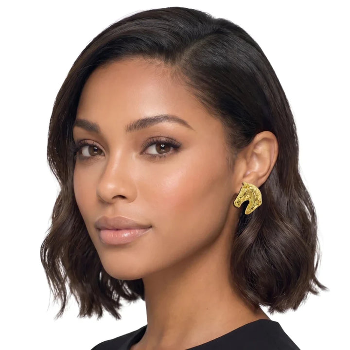 24K GOLD TONE SCULPTED HORSE STUD EARRINGS
