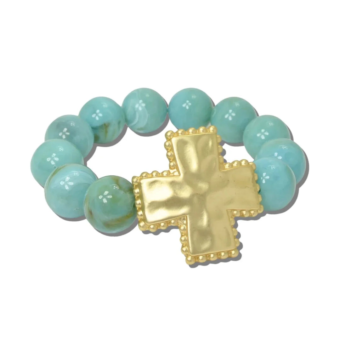HAMMERED CROSS AND MARBLED BEAD STRETCH BRACELET