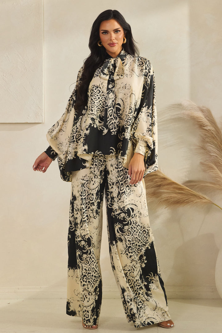 Print Tie Neck Kimono Top W/ Matching Pants Set