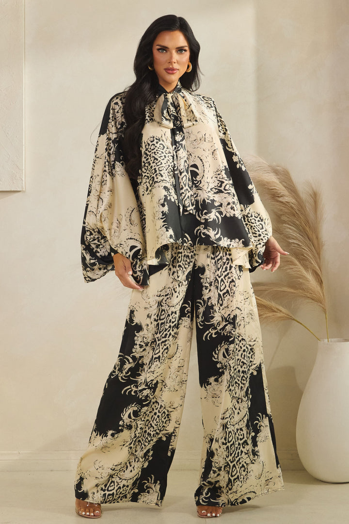 Print Tie Neck Kimono Top W/ Matching Pants Set