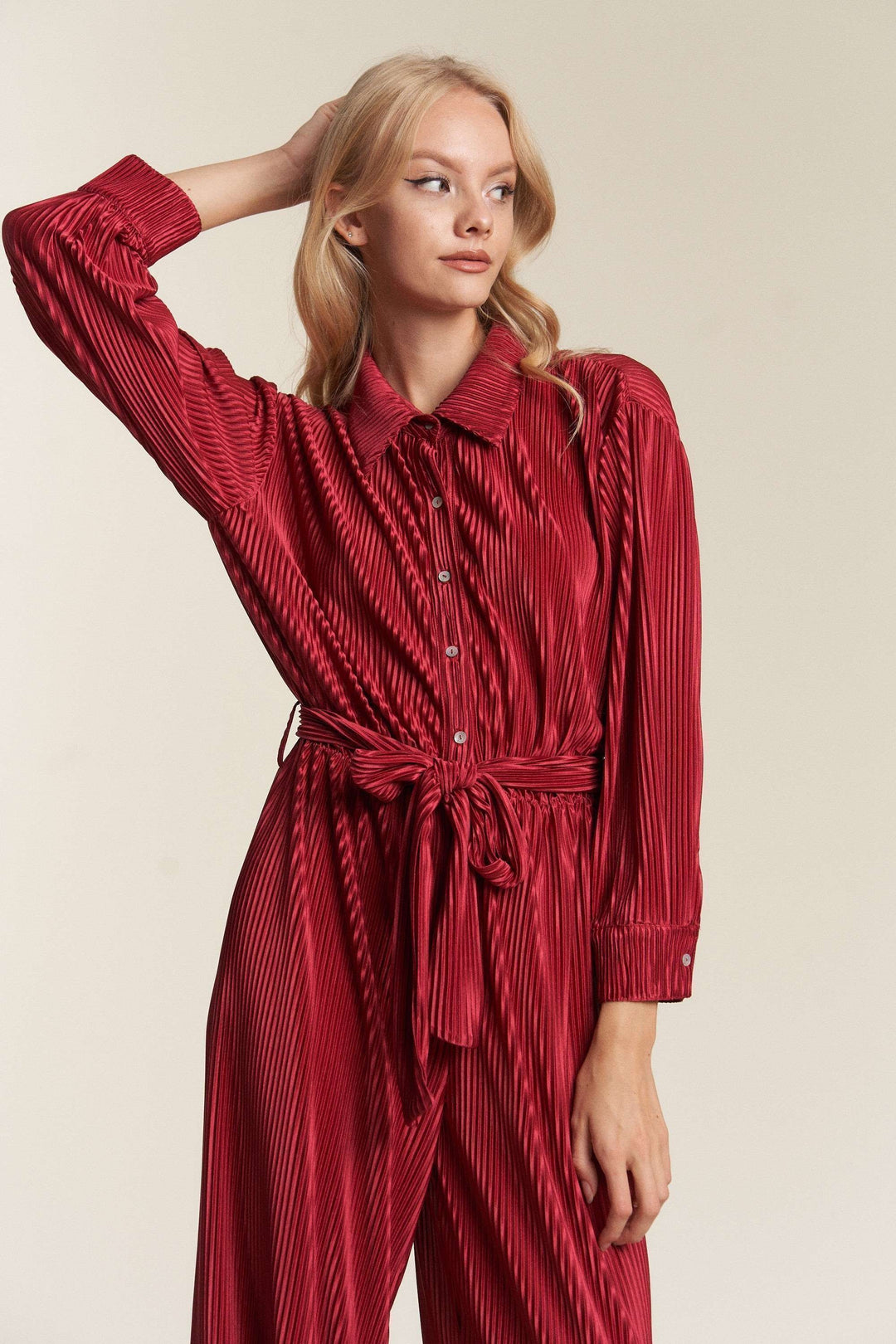 Crinckled Fabric Button Down Tie Waist Jumpsuit