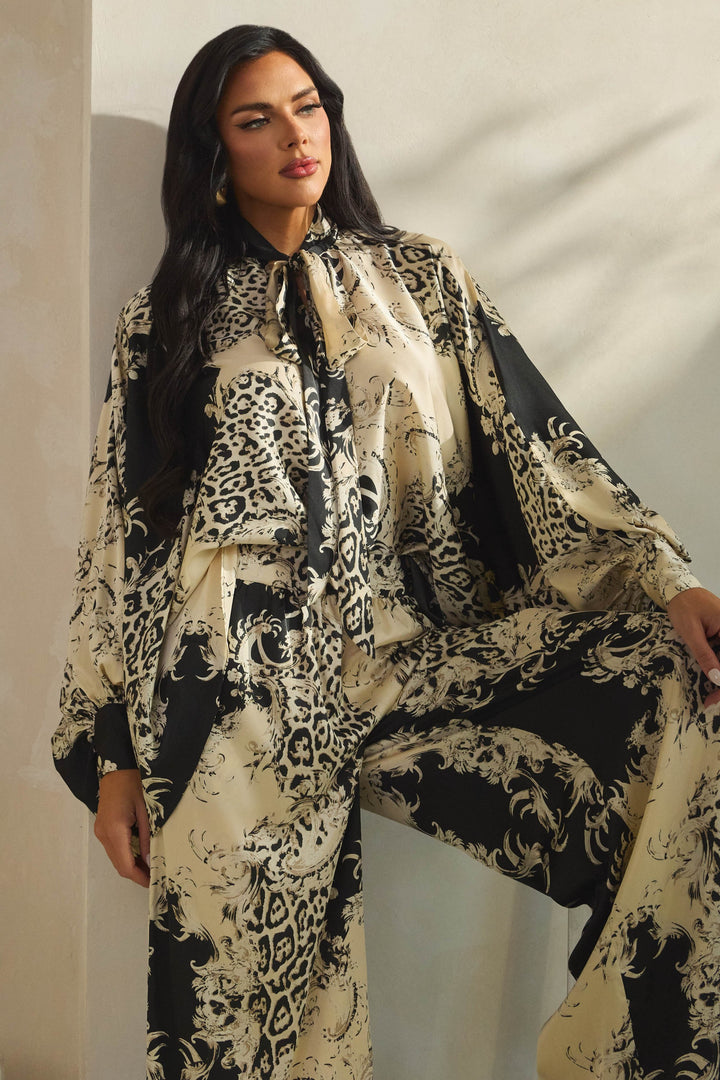 Print Tie Neck Kimono Top W/ Matching Pants Set