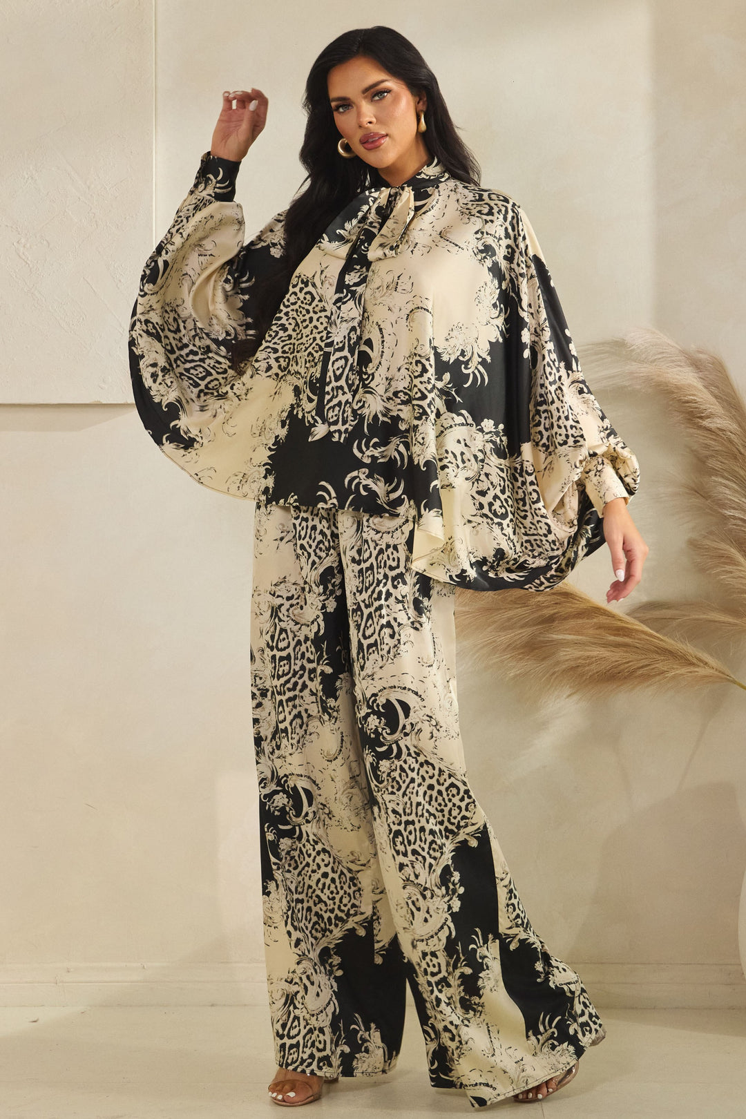 Print Tie Neck Kimono Top W/ Matching Pants Set