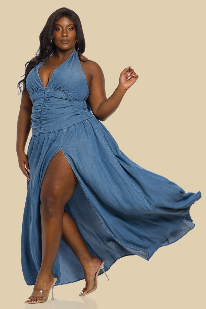 Washed Denim Halter Maxi Dress