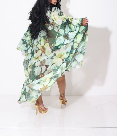 Nature Print Sheer Ballon Sleeve Cardigan