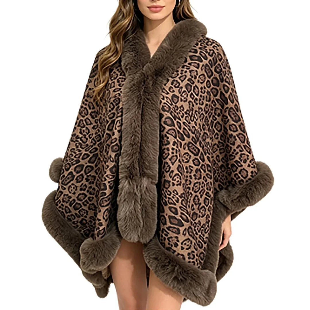 LEOPARD FAUX FUR TRIM WINTER PONCHO
