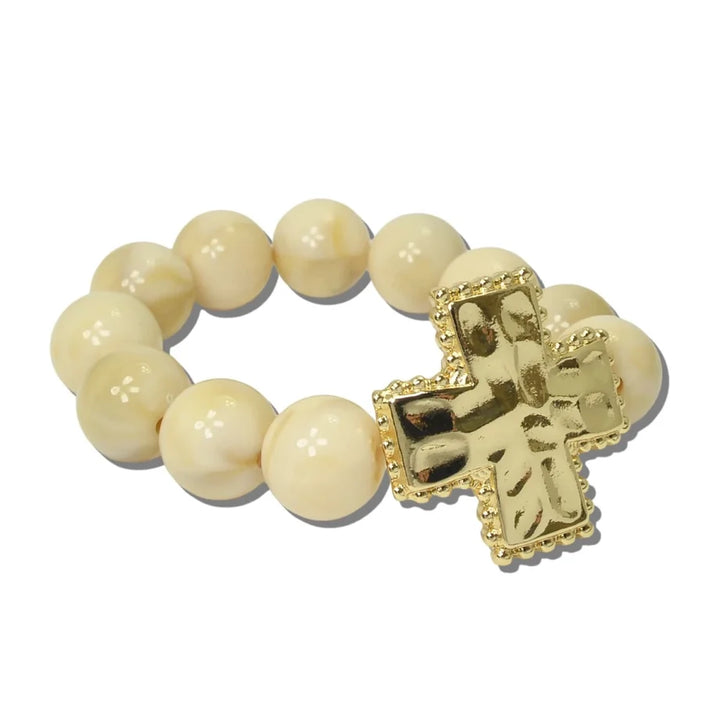HAMMERED CROSS AND MARBLED BEAD STRETCH BRACELET