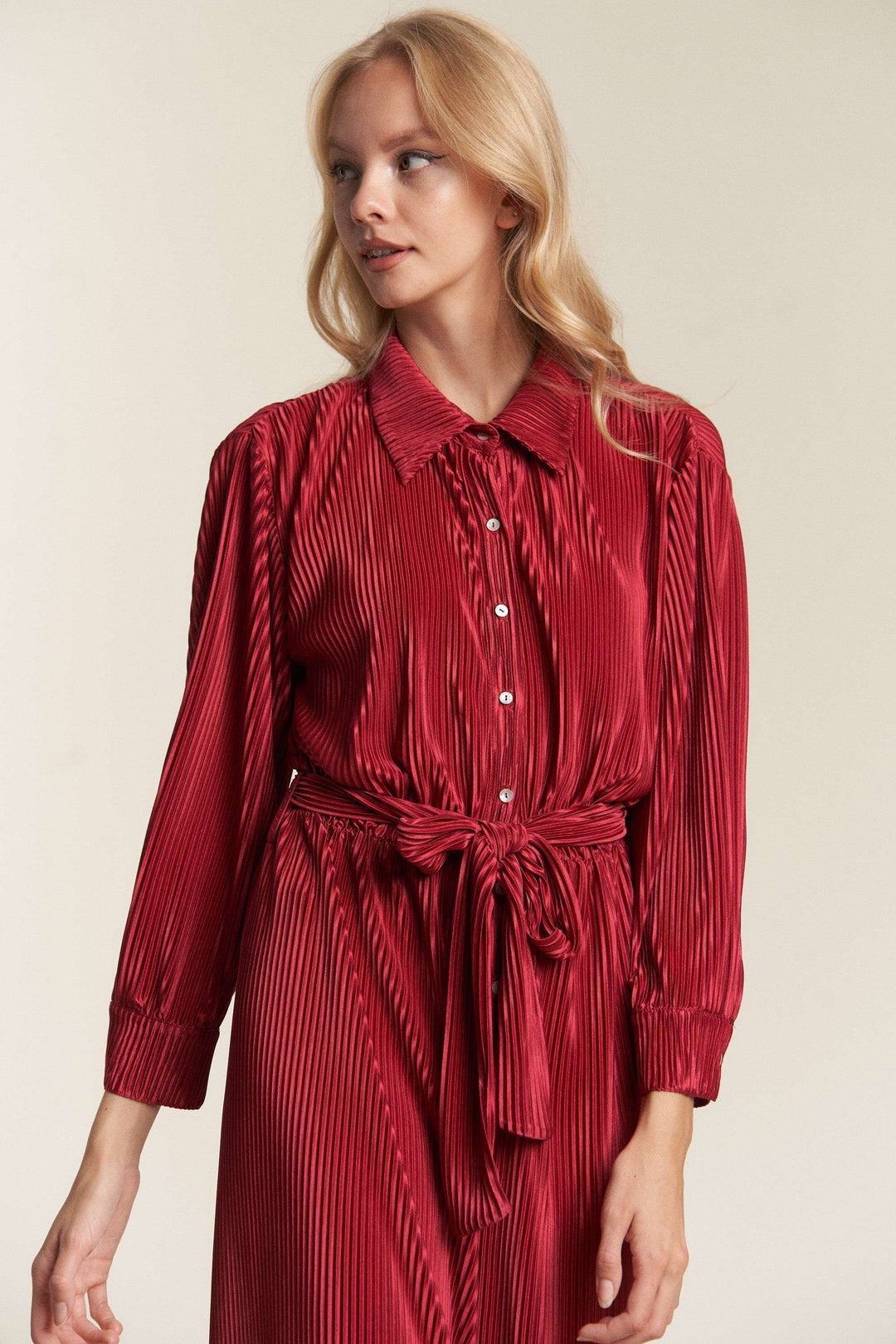 Crinckled Fabric Button Down Tie Waist Jumpsuit