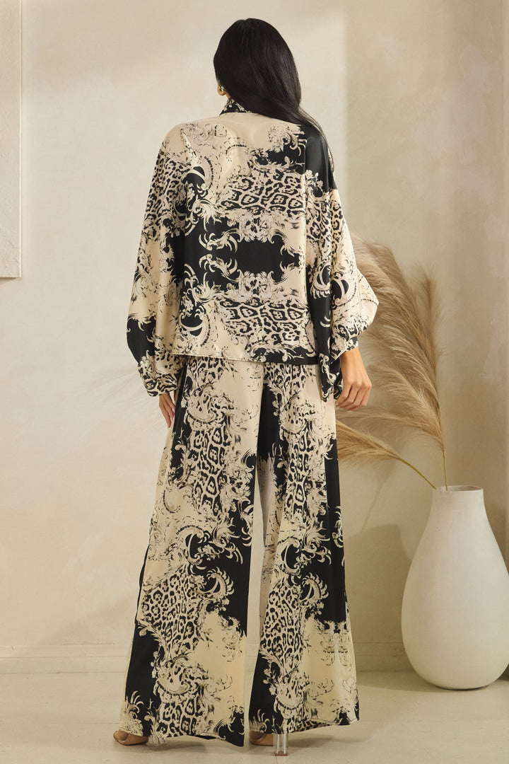 Print Tie Neck Kimono Top W/ Matching Pants Set