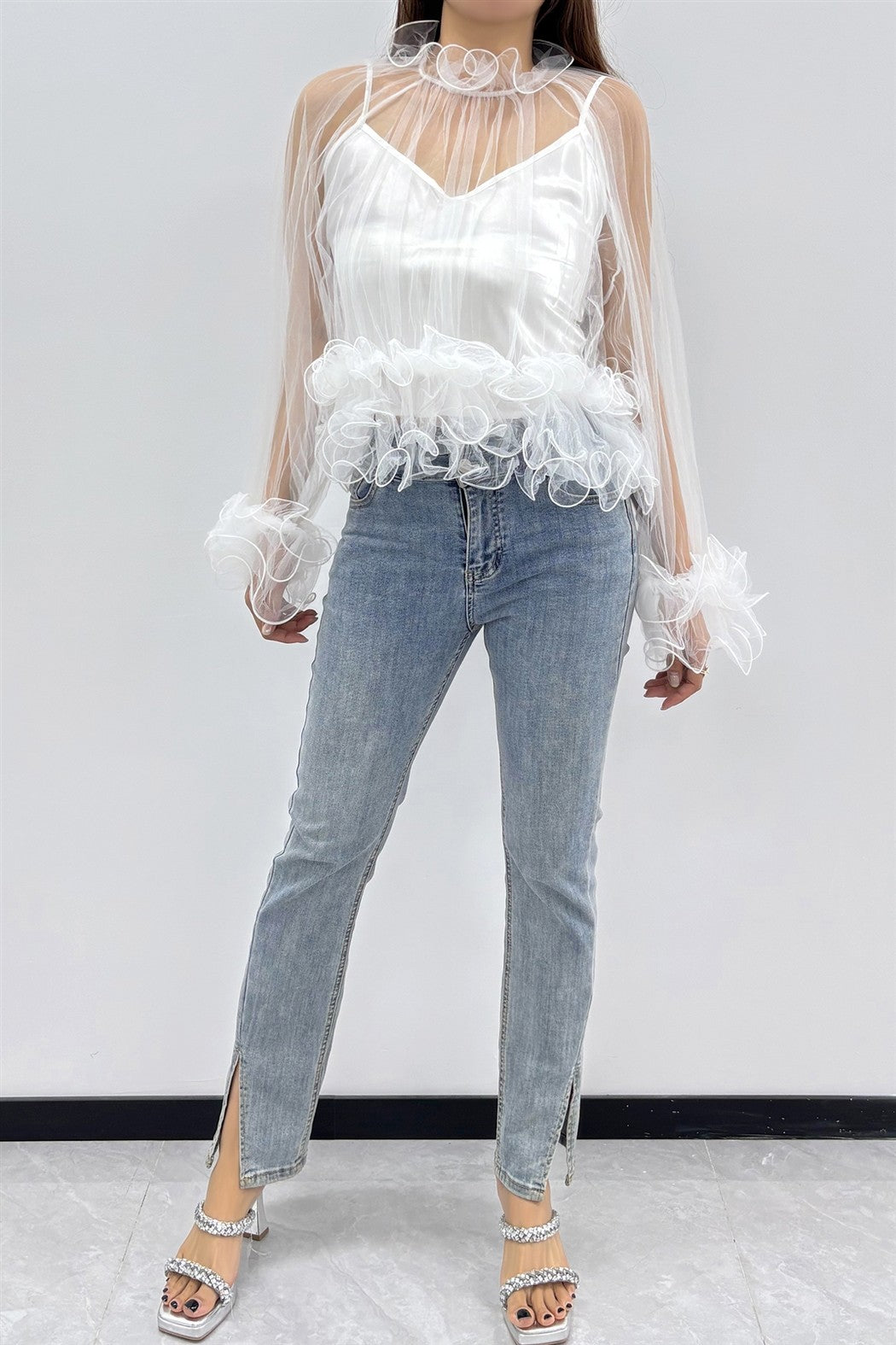 2-pcs Sheer Ruffle Trim Blouse