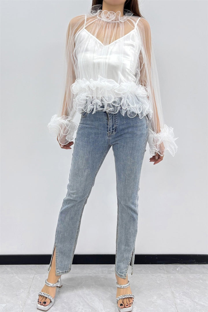 2-pcs Sheer Ruffle Trim Blouse