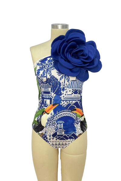 Bodysuit 3D Floral Asymmetric Printed