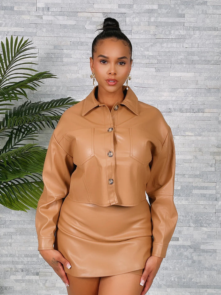 Faux Leather Cropped Button Down Jacket