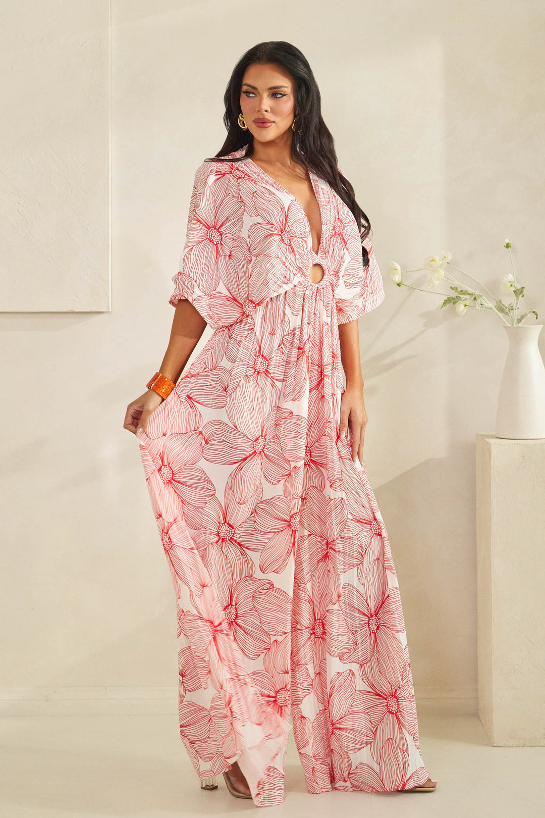 V-neck Drop Shoulder W/ O-ring Pleated Jumpsuit