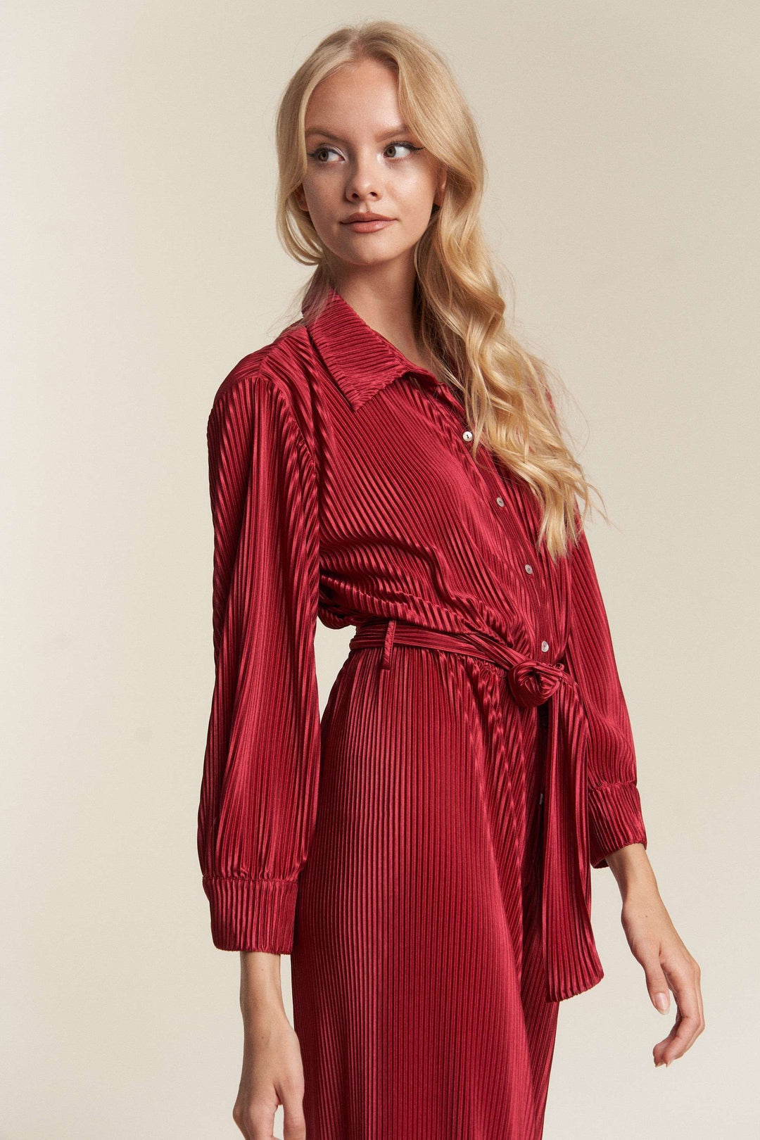 Crinckled Fabric Button Down Tie Waist Jumpsuit