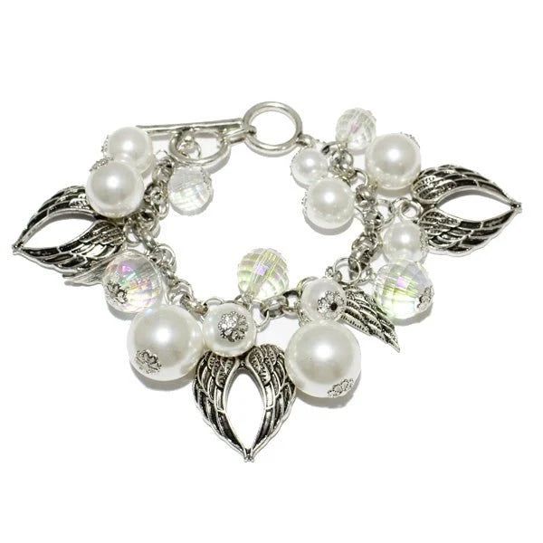 ANGEL WINGS N PEARL MULTI CHARM TOGGLE BRACELET