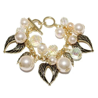 ANGEL WINGS N PEARL MULTI CHARM TOGGLE BRACELET