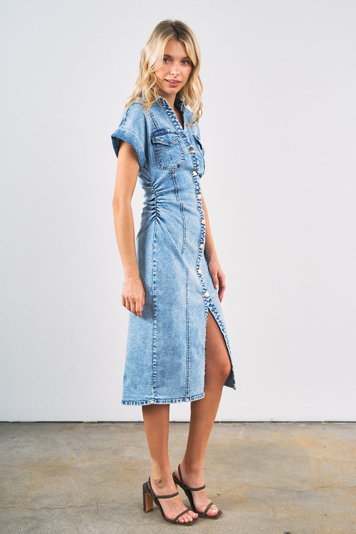 Denim Midi Dress With Collar