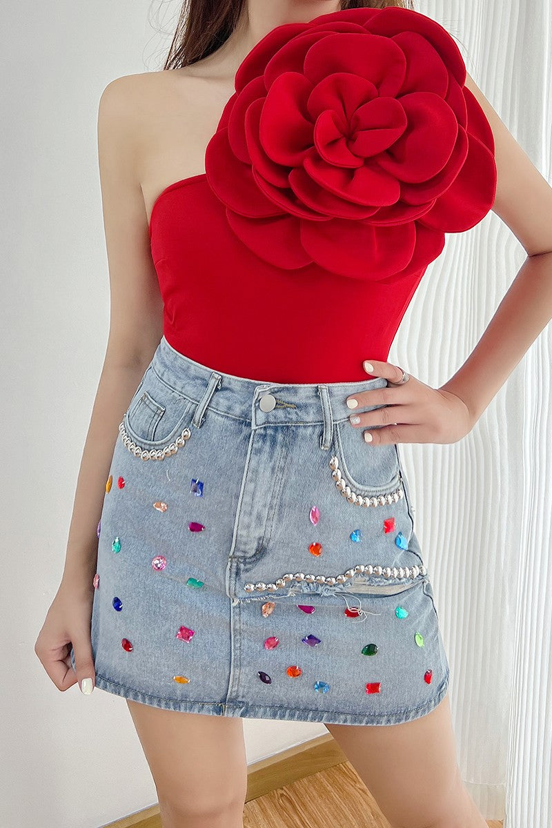 Bodysuit 3D Floral Asymmetric