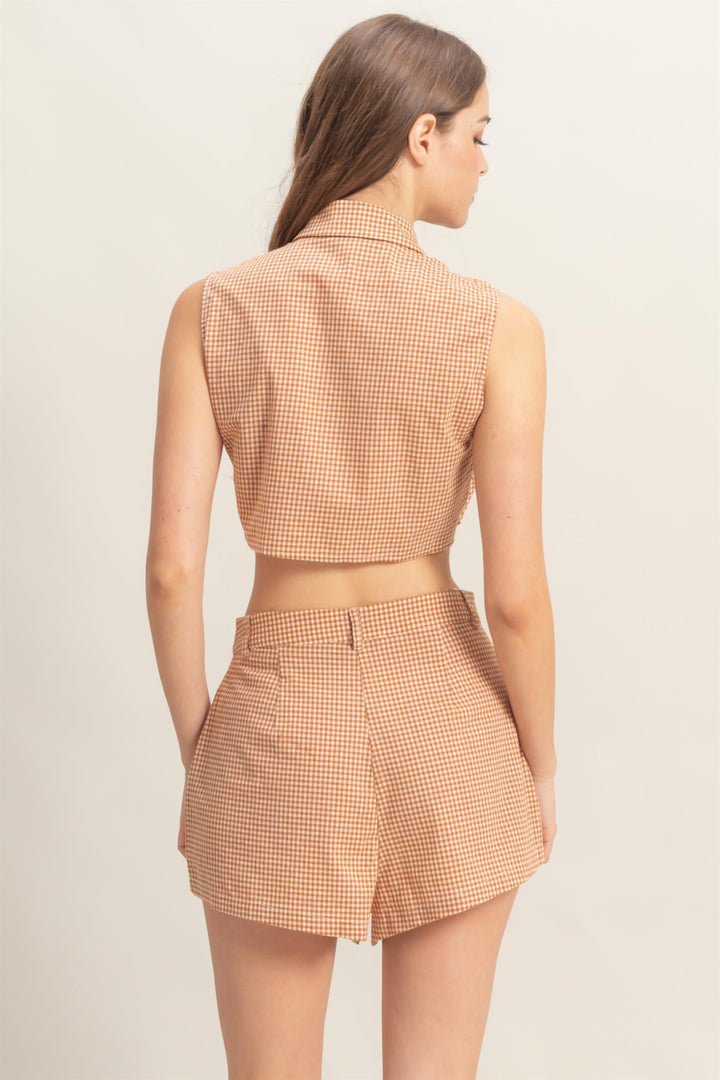 Set-front Tie Top And Shorts Gingham Set