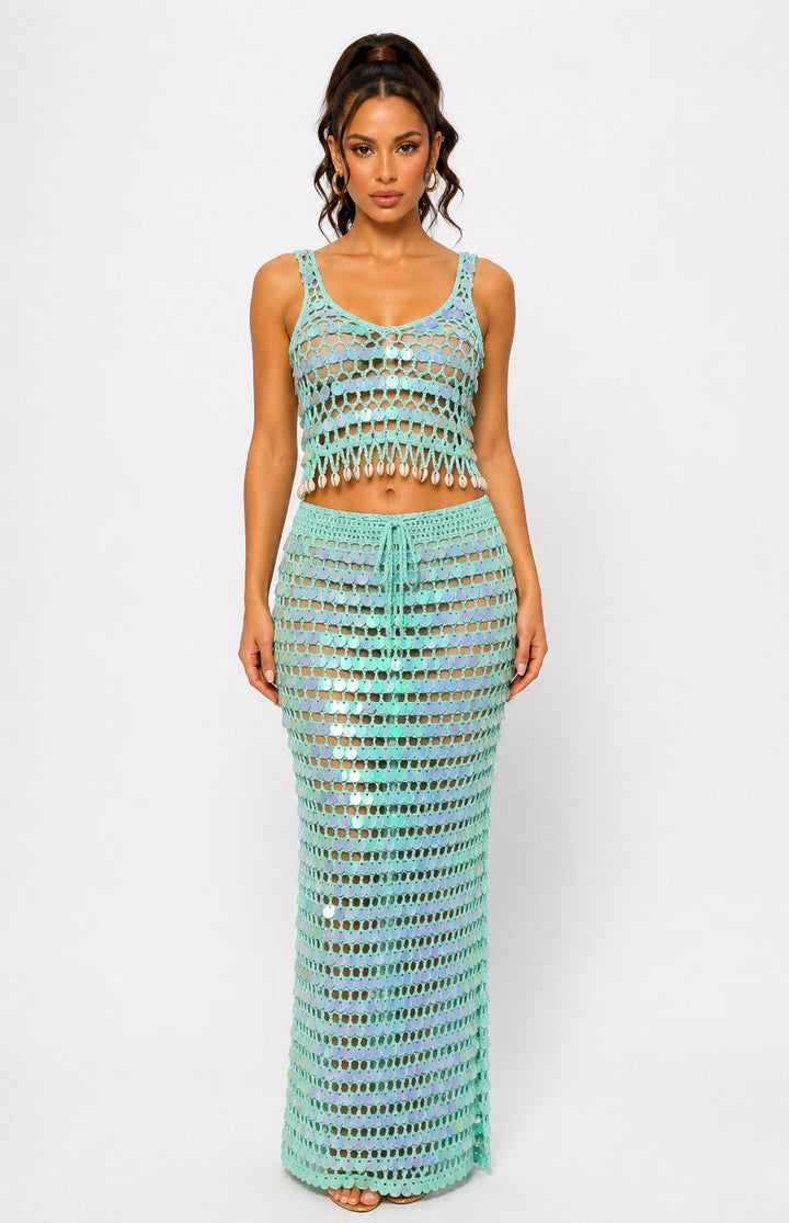 V-neck Crochet Sequin Vacation Set