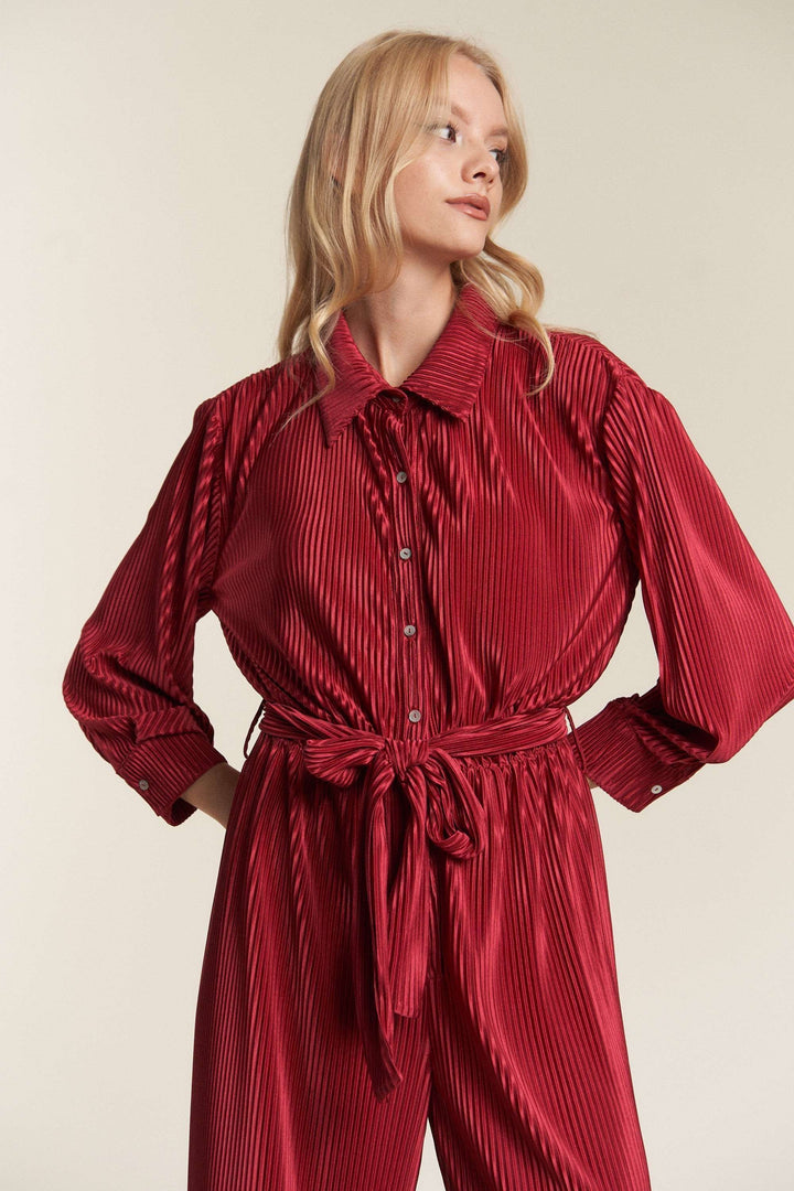 Crinckled Fabric Button Down Tie Waist Jumpsuit