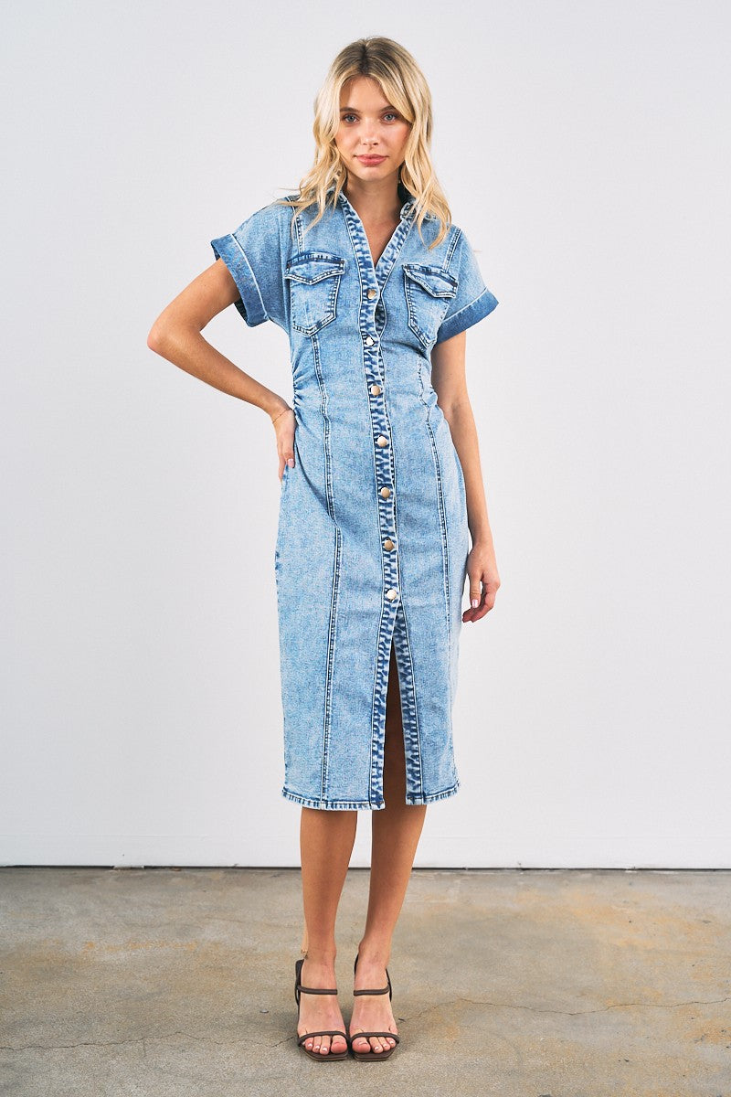 Denim Midi Dress With Collar
