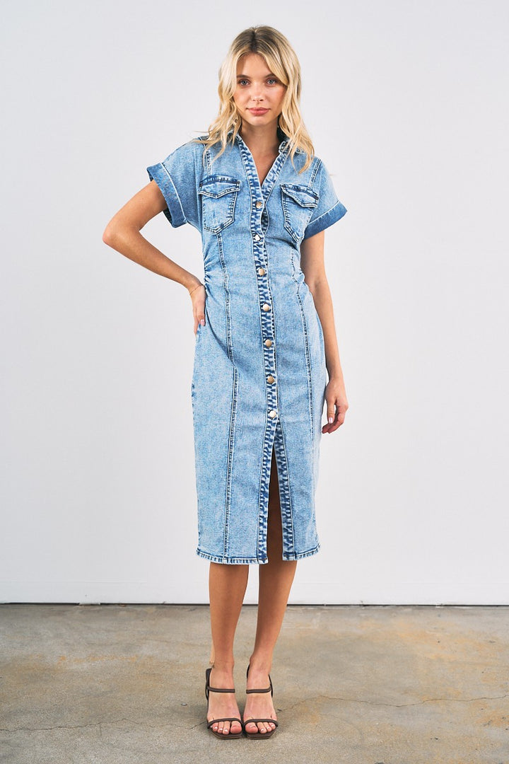 Denim Midi Dress With Collar