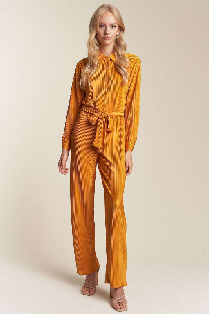 Crinckled Fabric Button Down Tie Waist Jumpsuit
