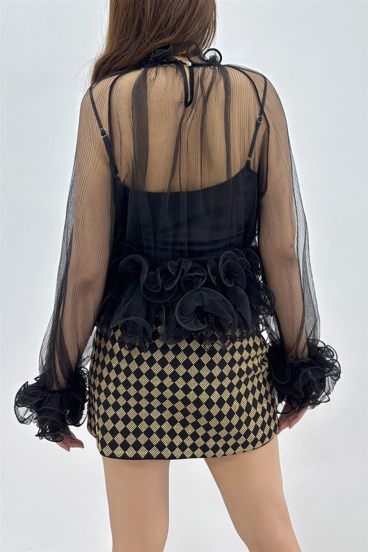 2-pcs Sheer Ruffle Trim Blouse