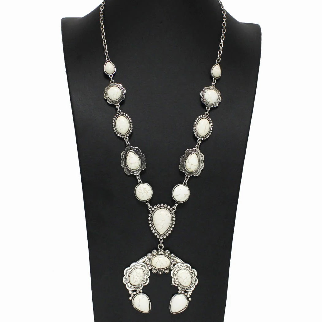WESTERN SQUASH BLOSSOM TURQUOISE STONE LONG NECKLACE